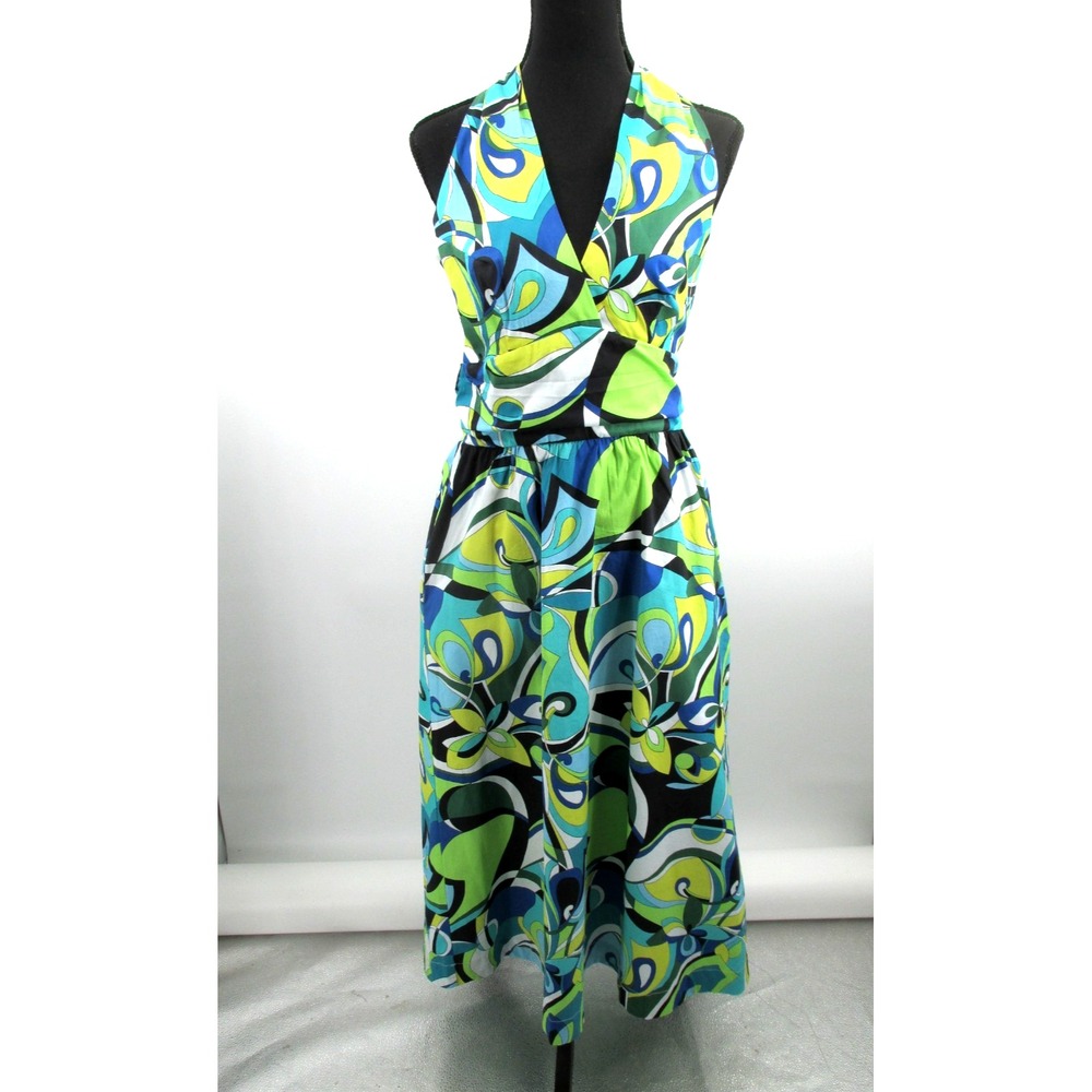 Boston Proper Maxi Halter Dress Women 8 Abstract Tropical Blue Green Pockets